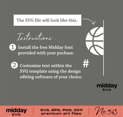 Basketball SVG instructions with text customization guide for DIY design software, featuring font installation and Midday SVG logo.