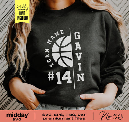 Woman wearing black sweatshirt with customizable basketball team logo, SVG bundle for Cricut, Silhouette. Includes font, DIY.