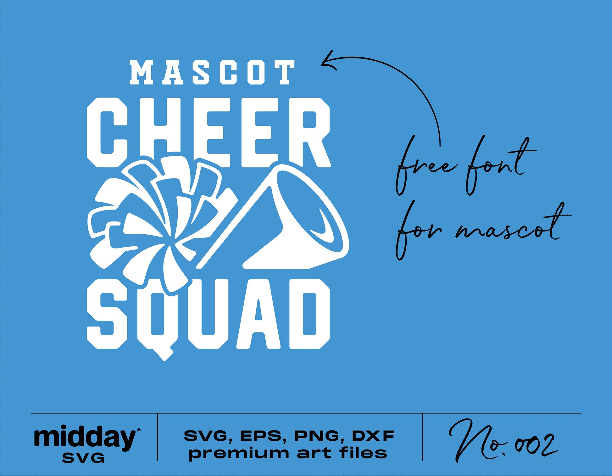 Cheer Squad SVG design with pom pom and megaphone for cheerleading shirts. Includes free font, available in SVG, EPS, PNG, DXF formats.