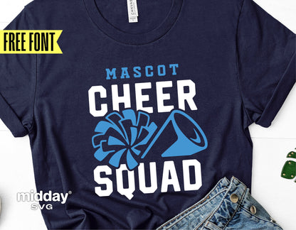 Cheer Squad t-shirt design with pom pom and megaphone graphics, free font included, ideal for cheerleading teams and Cricut cut files.