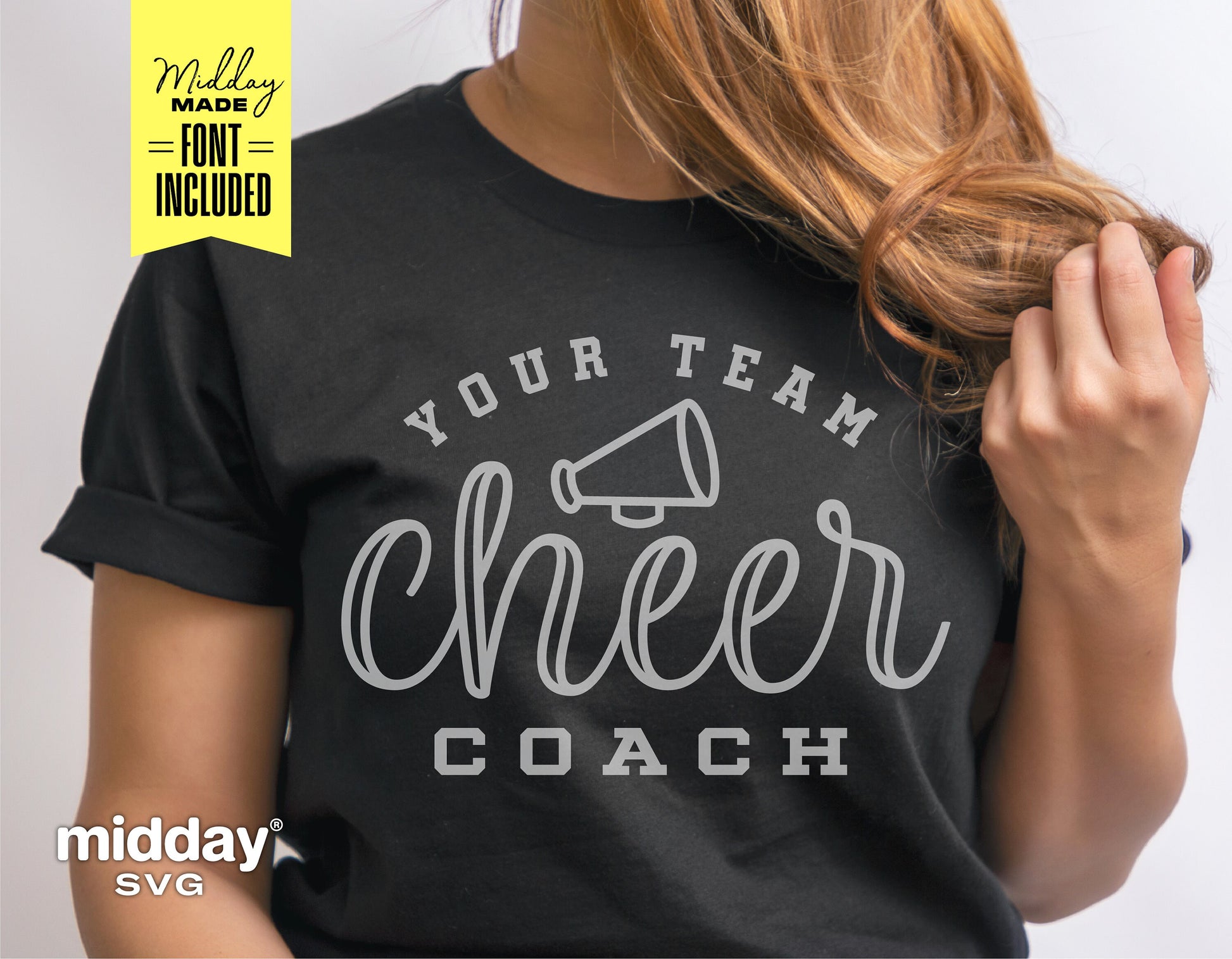 Cheer coach shirt with megaphone design, perfect for Cricut and Silhouette projects. Includes SVG, PNG, DXF, and EPS files.