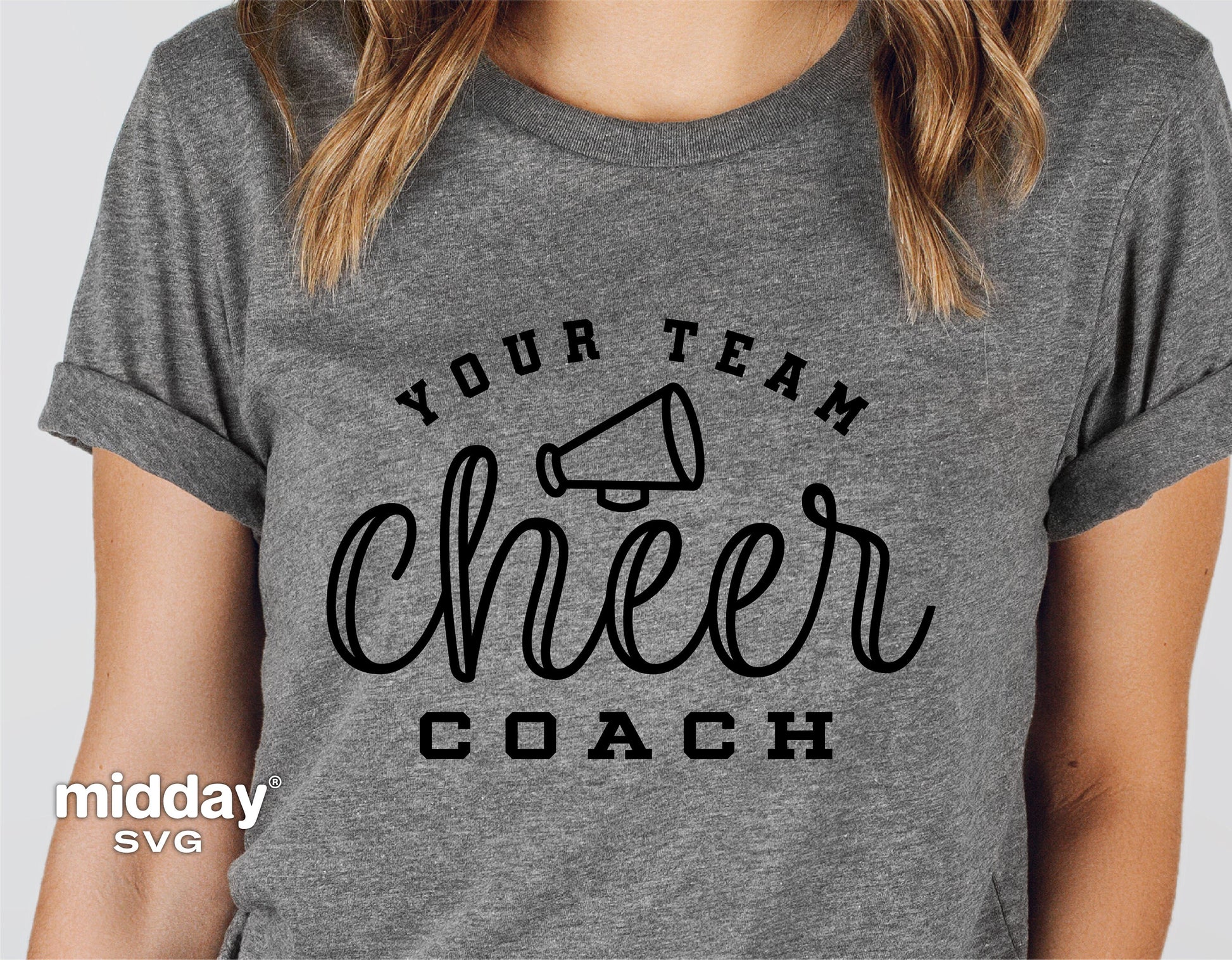 Gray cheer coach shirt featuring a megaphone graphic and text "Your Team Cheer Coach" in bold black letters.