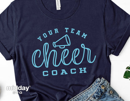 Navy cheer coach t-shirt with megaphone graphic, ideal for Cricut and Silhouette projects, featuring 'Your Team Cheer Coach' design.