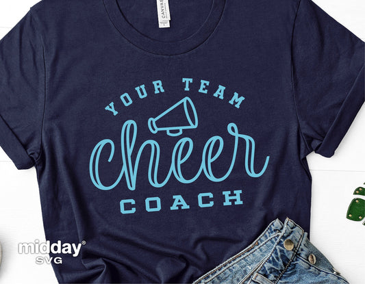 Navy cheer coach t-shirt with megaphone graphic, ideal for Cricut and Silhouette projects, featuring 'Your Team Cheer Coach' design.