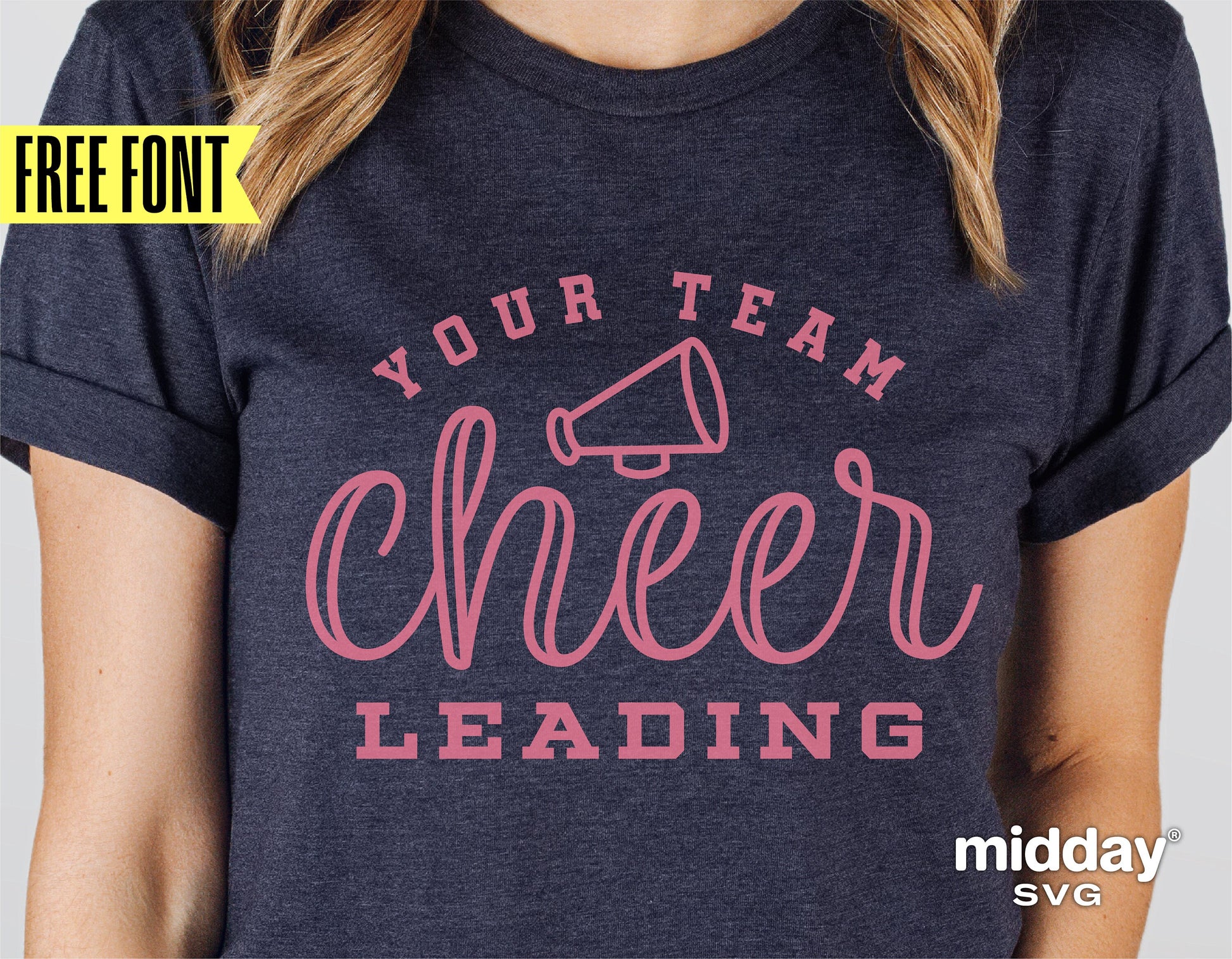 Cheerleading shirt design with 'Your Team Cheerleading' text and megaphone graphic, available in SVG, PNG, DXF, EPS formats.