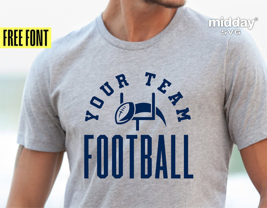 Gray t-shirt featuring a customizable football team logo design, perfect for Cricut and Silhouette projects. Free font included.