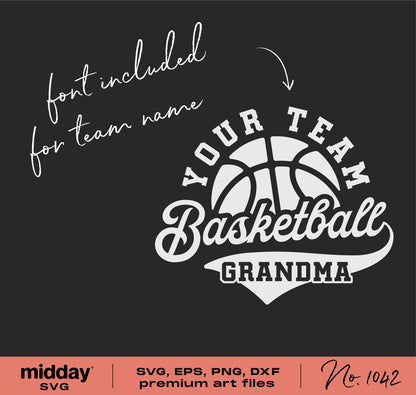 Basketball Grandma shirt design with customizable team name for Cricut and Silhouette; includes SVG, PNG, EPS, DXF files.