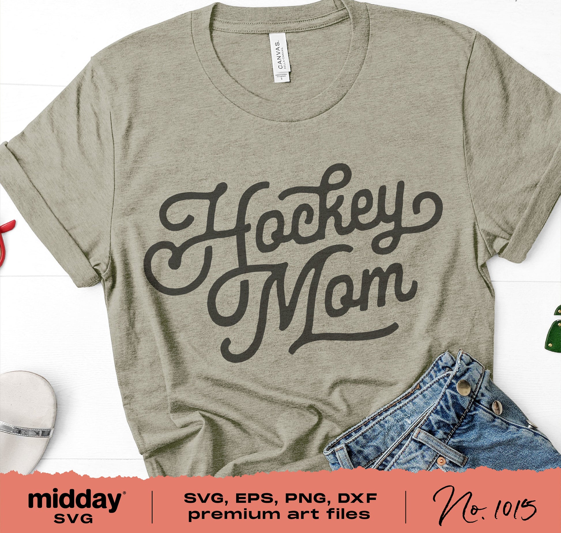 Olive green t-shirt with 'Hockey Mom' design in black script, perfect for Cricut and Silhouette projects. Includes SVG, PNG, DXF, EPS files.