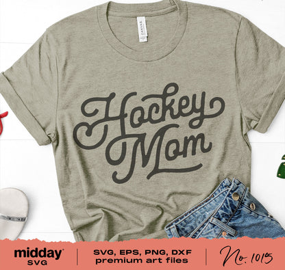 Olive green t-shirt with 'Hockey Mom' design in black script, perfect for Cricut and Silhouette projects. Includes SVG, PNG, DXF, EPS files.