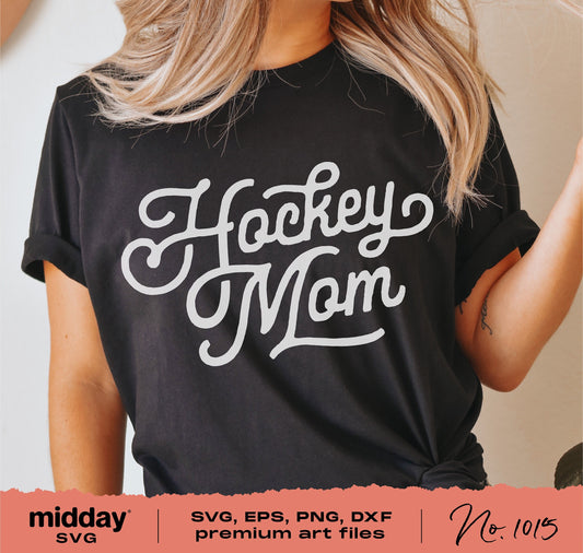 Black t-shirt with white 'Hockey Mom' design, featuring downloadable SVG, PNG, DXF, EPS files for Cricut and Silhouette projects.