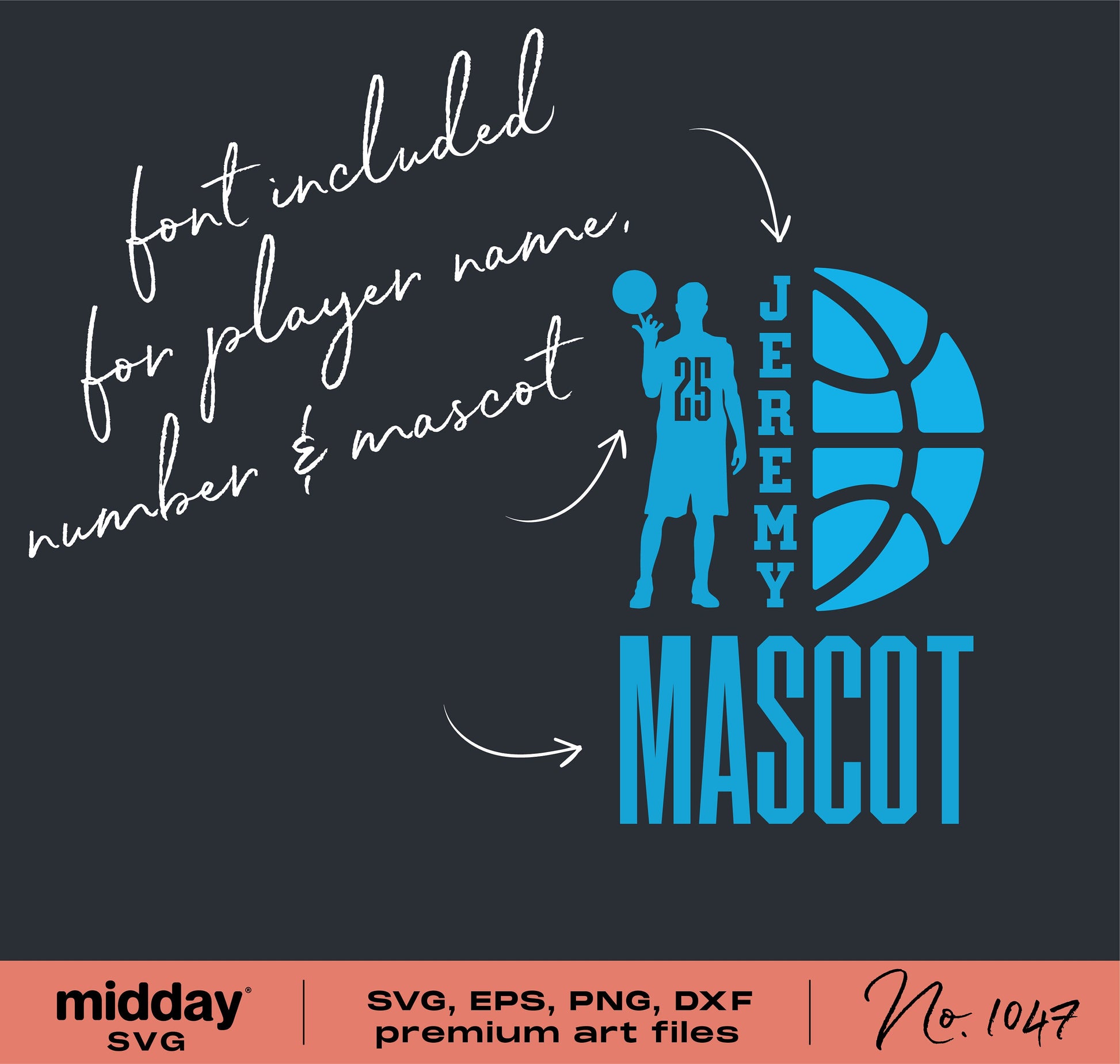Basketball team SVG design with customizable player name and mascot, includes SVG, EPS, PNG, DXF files for Cricut and Silhouette.