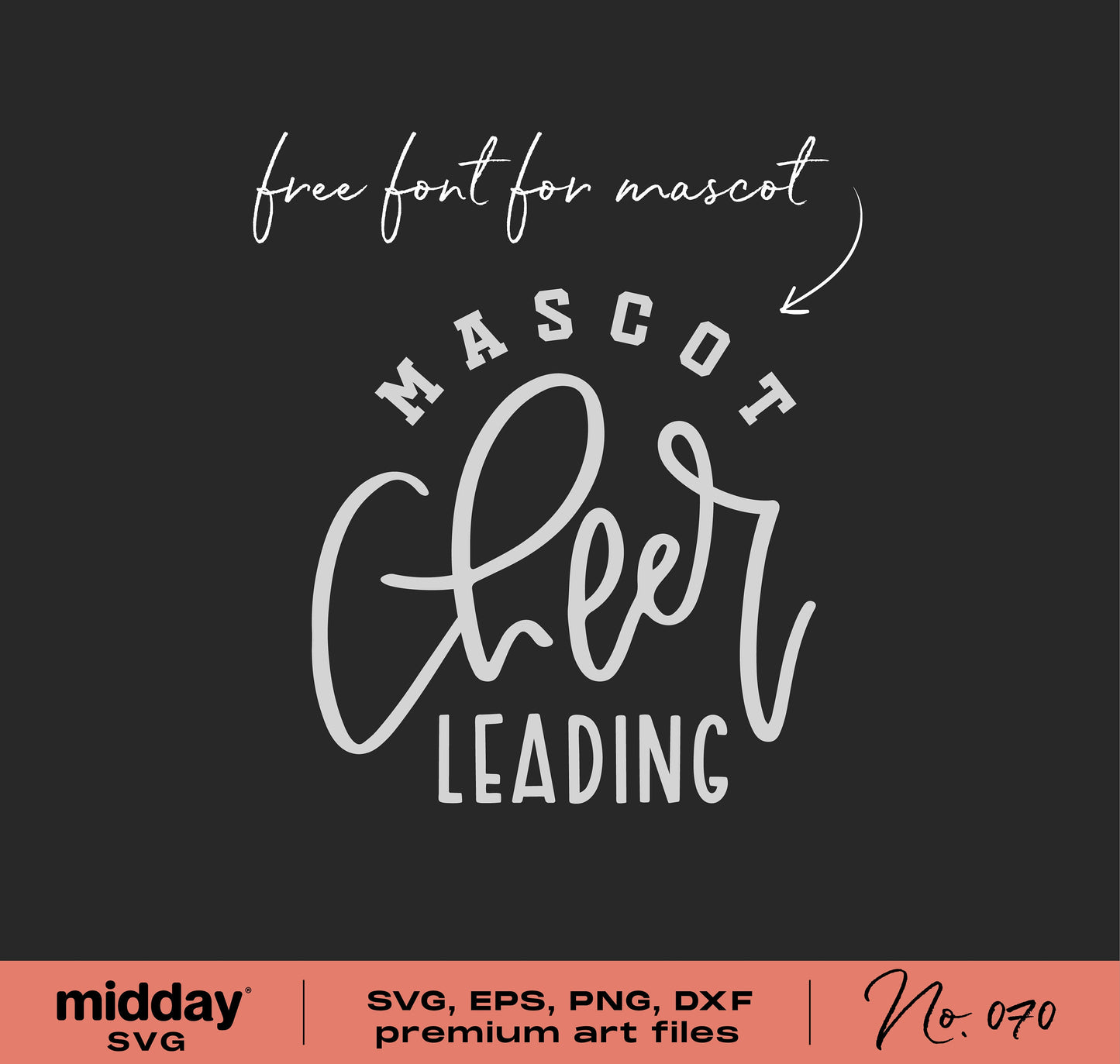 Cheerleading SVG design template in black with text 'Mascot Cheer Leading' for Cricut and Silhouette, free font for mascot included.