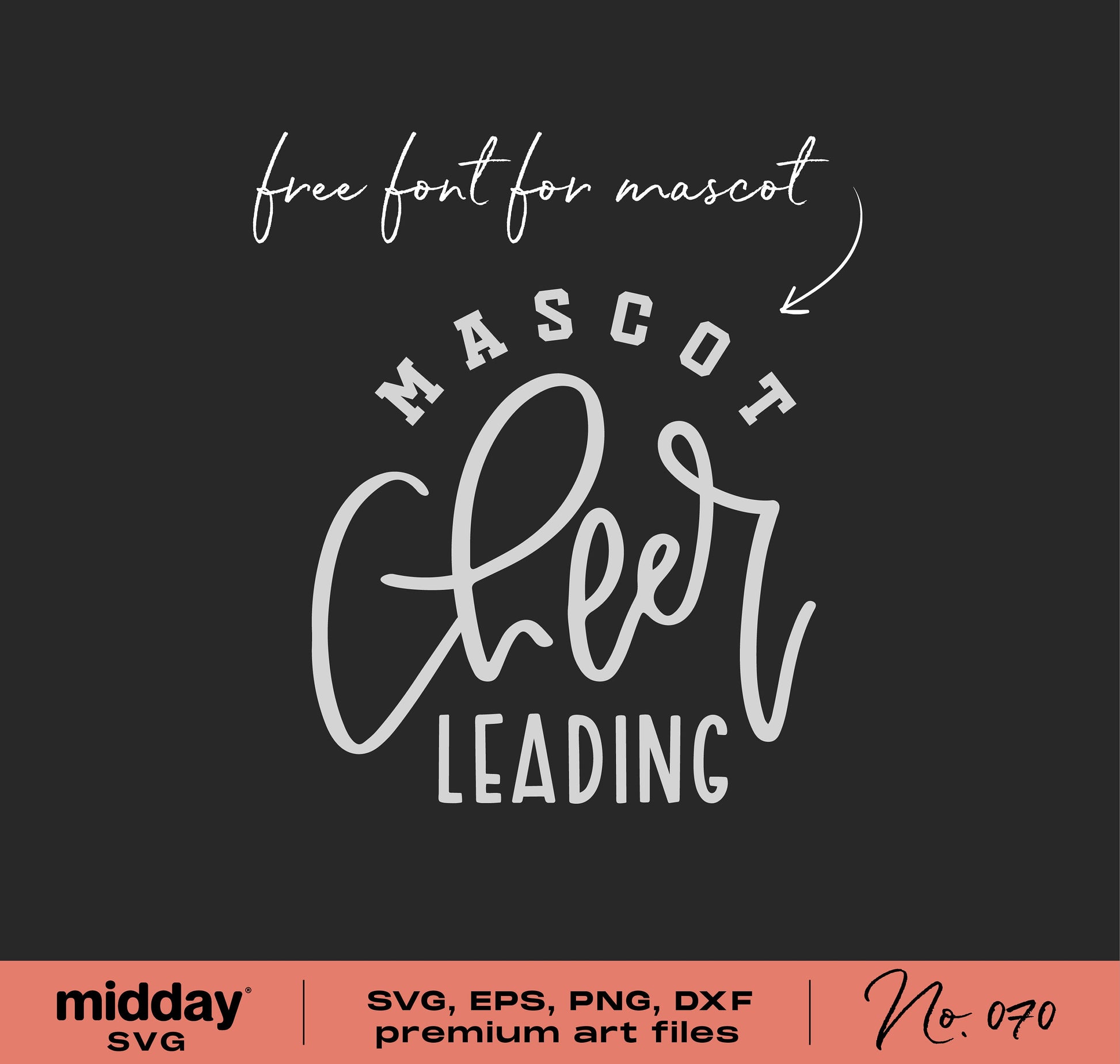 Cheerleading SVG design template in black with text 'Mascot Cheer Leading' for Cricut and Silhouette, free font for mascot included.
