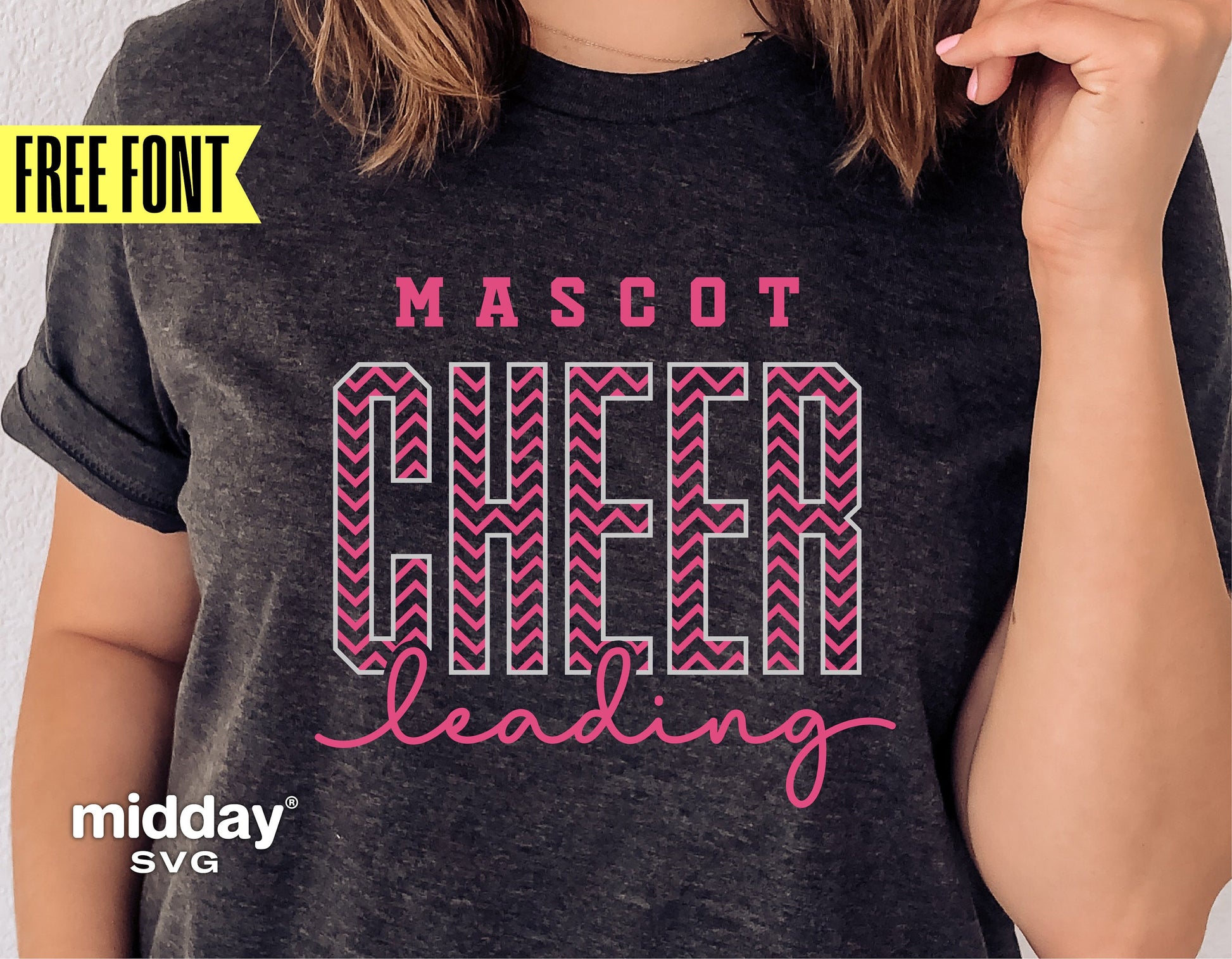 Cheerleading team shirt with 'Mascot Cheerleading' text design in pink, featuring free font offer by Midday SVG.