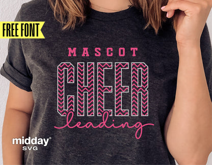 Cheerleading team shirt with 'Mascot Cheerleading' text design in pink, featuring free font offer by Midday SVG.
