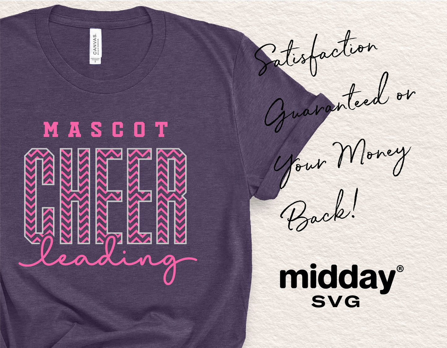 Cheerleading team shirt design with 'Mascot Cheerleading' text and satisfaction guarantee by Midday SVG.