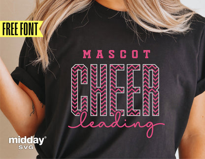 Cheerleading team shirt with pink 'Mascot CHEER leading' text, ideal for Cricut and Silhouette designs, featuring free font offer.