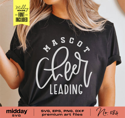 Black t-shirt with 'Mascot Cheer Leading' design, included font package, suitable for SVG, EPS, PNG, DXF files, DIY projects.