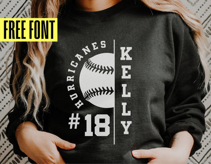 Person wearing a black softball shirt with customizable team and player design, featuring a free font offer