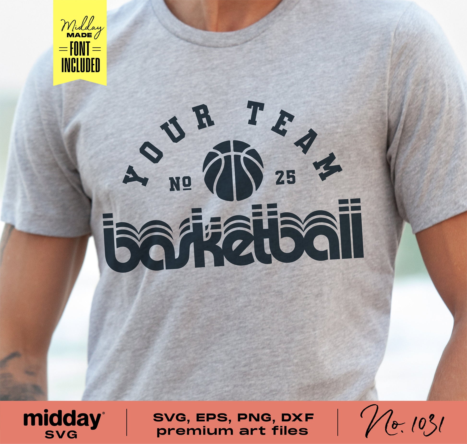 Gray t-shirt displaying 'Your Team Basketball' with included font, part of Basketball SVG bundle for Cricut and Silhouette projects.