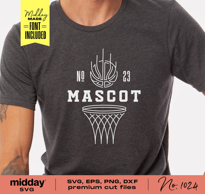 T-shirt featuring a custom basketball team design template with mascot, number, and hoop graphic. Includes SVG, EPS, PNG, DXF files.