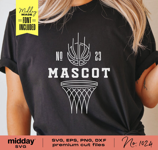 Black t-shirt with basketball team mascot design, including hoop and number. SVG, EPS, PNG, DXF cut files for Cricut and Silhouette use.