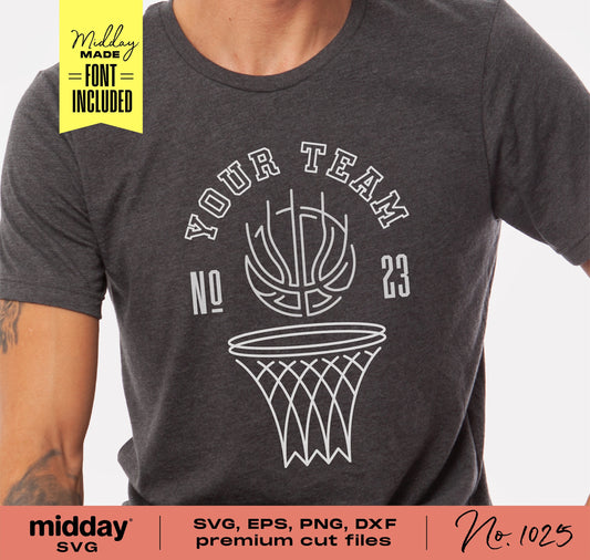 Modern basketball team shirt template with hoop design; includes SVG, PNG, DXF, EPS files for Cricut and Silhouette; font included.