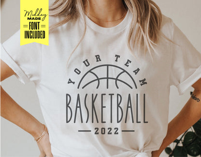 Person wearing a custom basketball team t-shirt with a hoop design and text "Your Team Basketball 2022" in stylish font.
