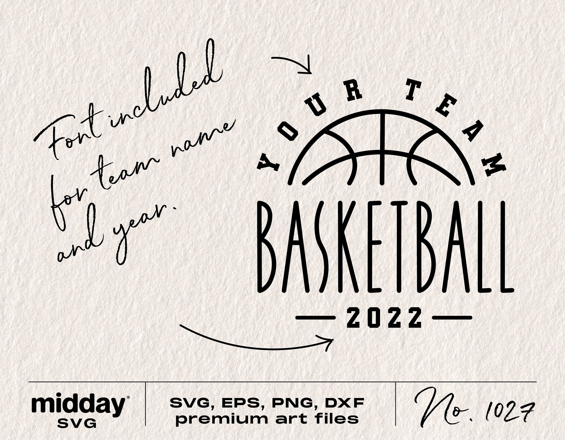 Basketball team design template with customizable text for team name and year, includes SVG, EPS, PNG, DXF files.