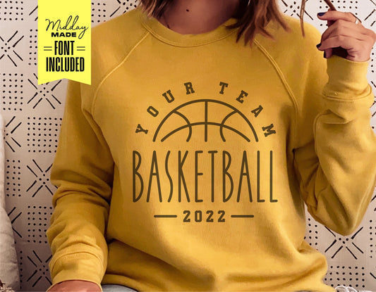 Woman wearing personalized basketball team sweatshirt with 2022 design, ideal for team moms and sports events.
