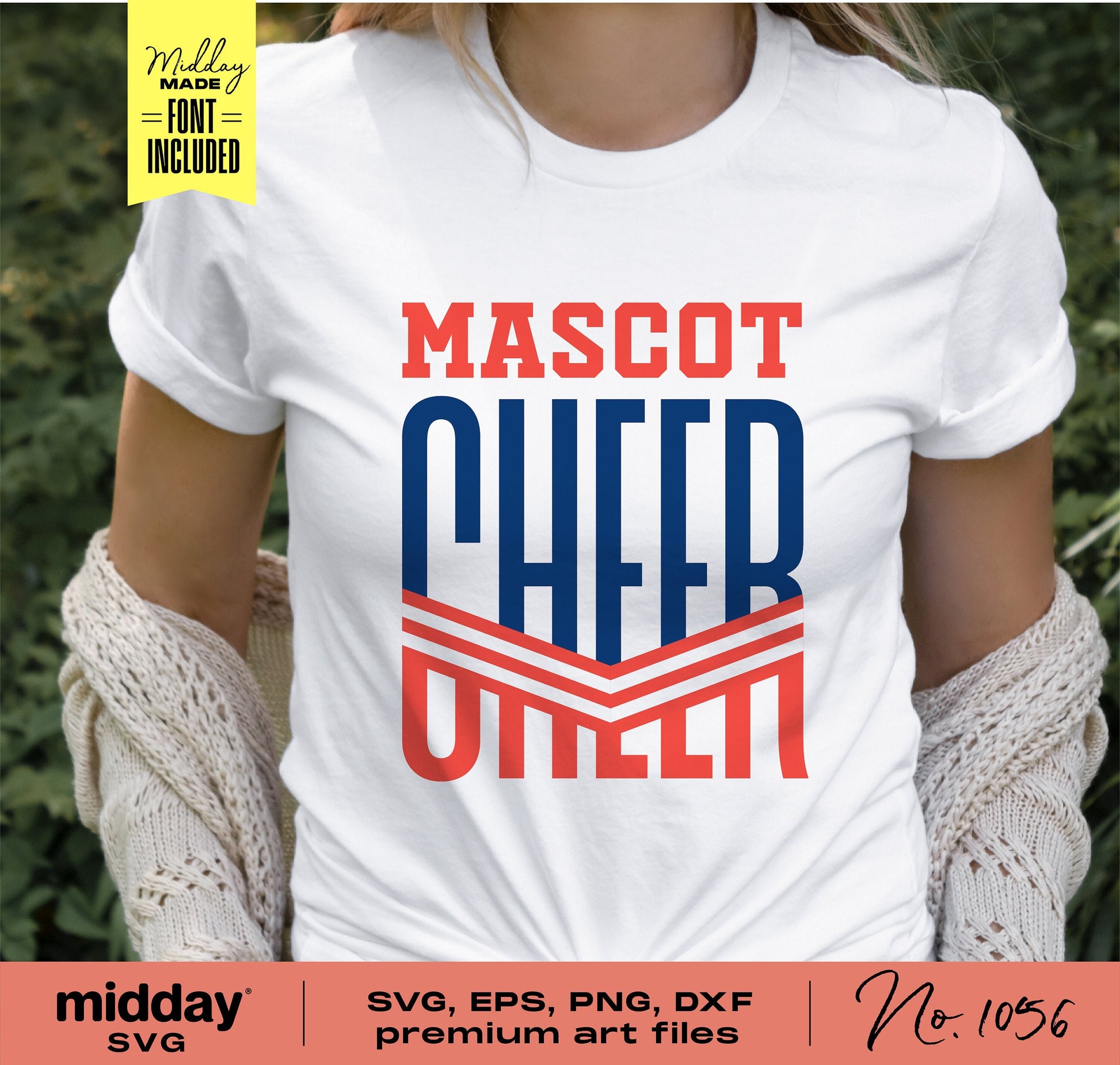 Person wearing a white t-shirt with 'Mascot Cheer' text design in red and blue, suitable for cheer team shirts, Cricut, and Silhouette projects.