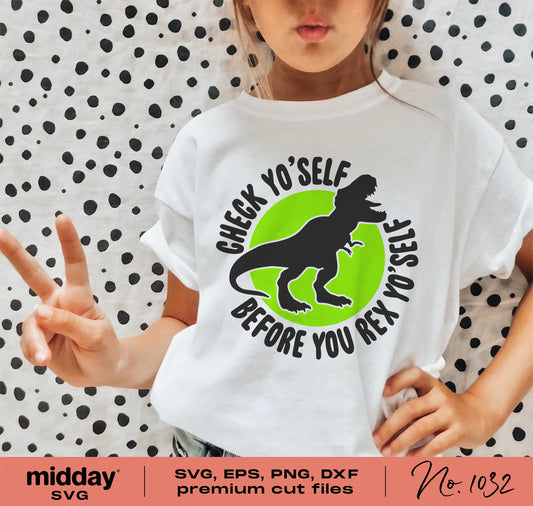 Funny kids t-shirt featuring 'Check Yo'self Before You Rex Yo'self' dinosaur design with T-Rex silhouette, perfect for Cricut and Silhouette.