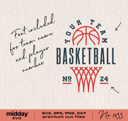 Basketball team logo template in SVG, PNG, DXF formats with font for customization; ideal for Cricut and Silhouette
