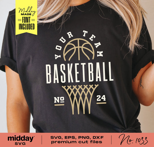 Black t-shirt with 'Your Team Basketball' logo design, featuring a basketball and hoop graphic for SVG, PNG, DXF, and EPS formats.
