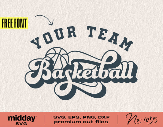 Retro basketball team design template with a free font, available in SVG, PNG, DXF formats for Cricut and Silhouette projects.