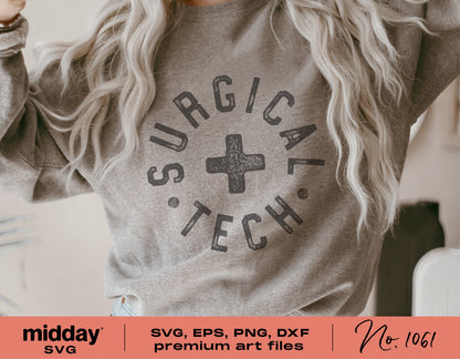 Surgical Tech shirt design featuring a cross, ideal for Cricut and Silhouette projects, includes SVG, PNG, DXF, EPS formats.