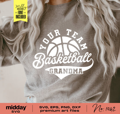 Gray sweatshirt with 'Your Team Basketball Grandma' design, perfect for Cricut and Silhouette projects with SVG, PNG, DXF, EPS formats.