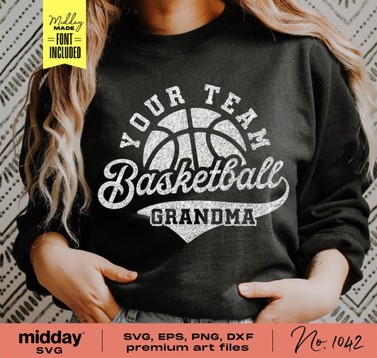 Woman wearing 'Your Team Basketball Grandma' shirt, perfect for custom sports apparel in SVG, PNG, DXF formats.