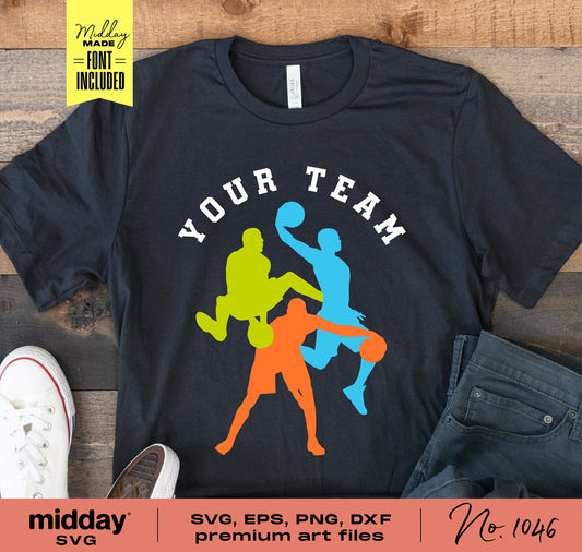 Black basketball team shirt with colorful player silhouettes, perfect for DIY projects using Cricut or Silhouette. Font included.