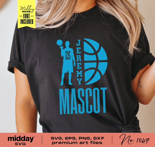 Black t-shirt featuring a blue basketball mascot design with the text 'Jeremy' and 'Mascot', suitable for team logos and Cricut projects.