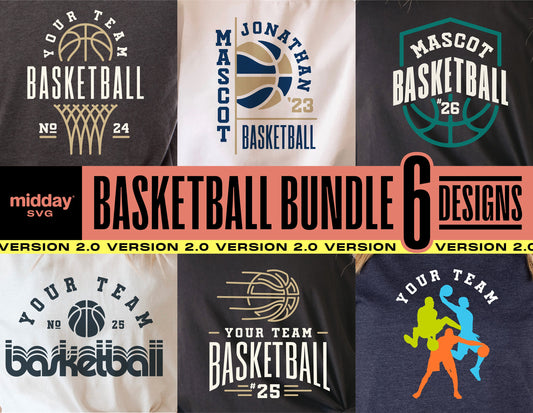 Basketball SVG bundle featuring 6 design templates for team shirts and Cricut projects, ideal for basketball moms and DIY enthusiasts.