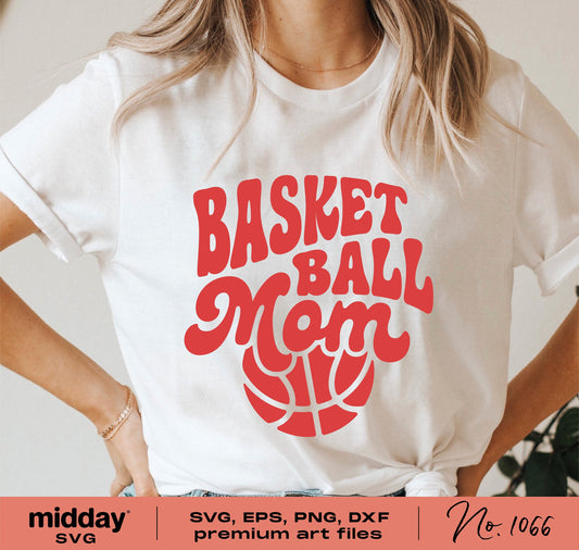 White t-shirt with red 'Basketball Mom' design, featuring SVG, EPS, PNG, DXF art files for Cricut and Silhouette crafting projects.