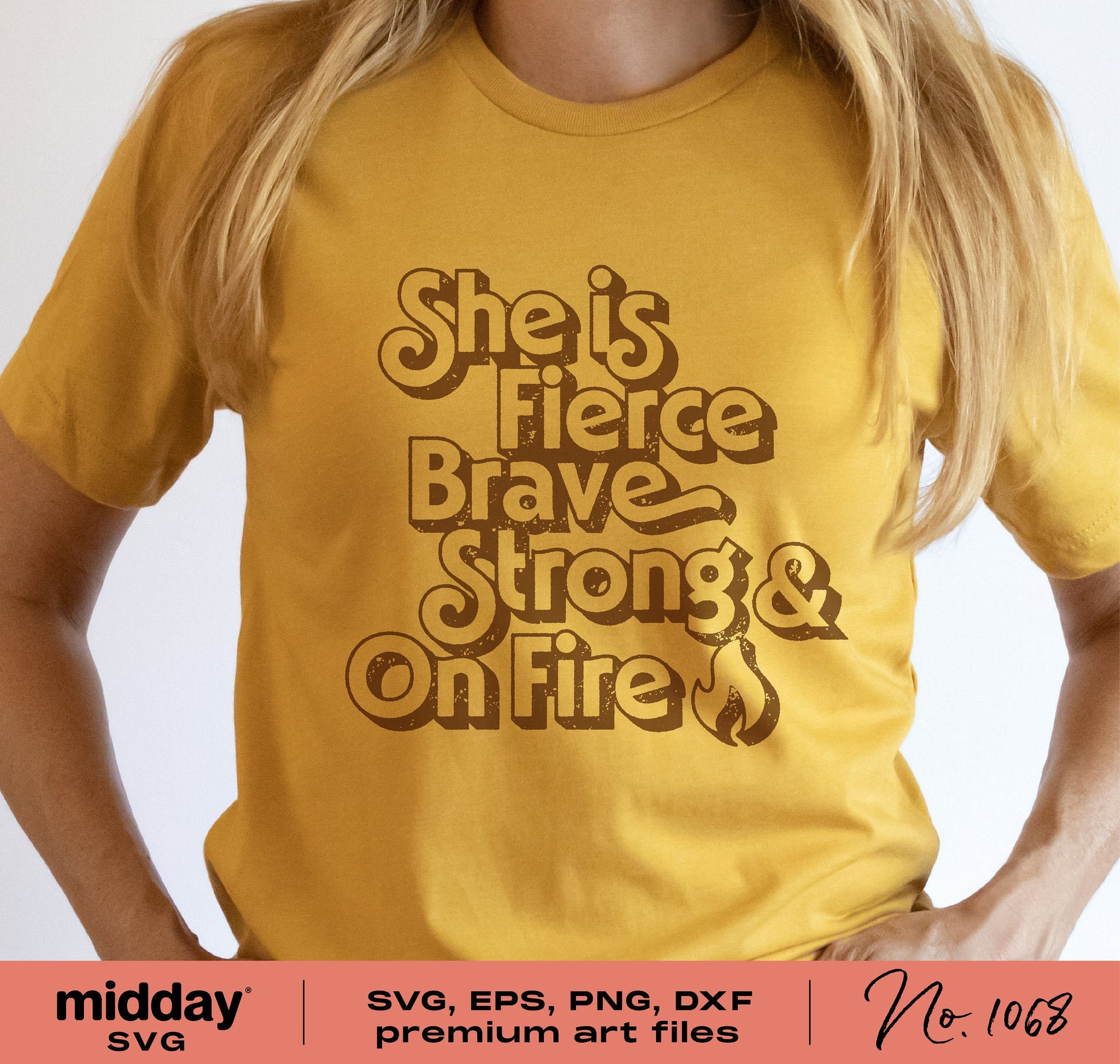 Women's yellow t-shirt with "She is Fierce, Brave, Strong & On Fire" text, featuring hippie retro style. Empowerment SVG design.