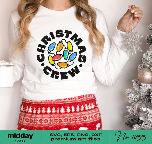 Woman wearing Christmas Crew shirt with retro Christmas lights design, suitable for Cricut and Silhouette, ideal for family Christmas shirts.