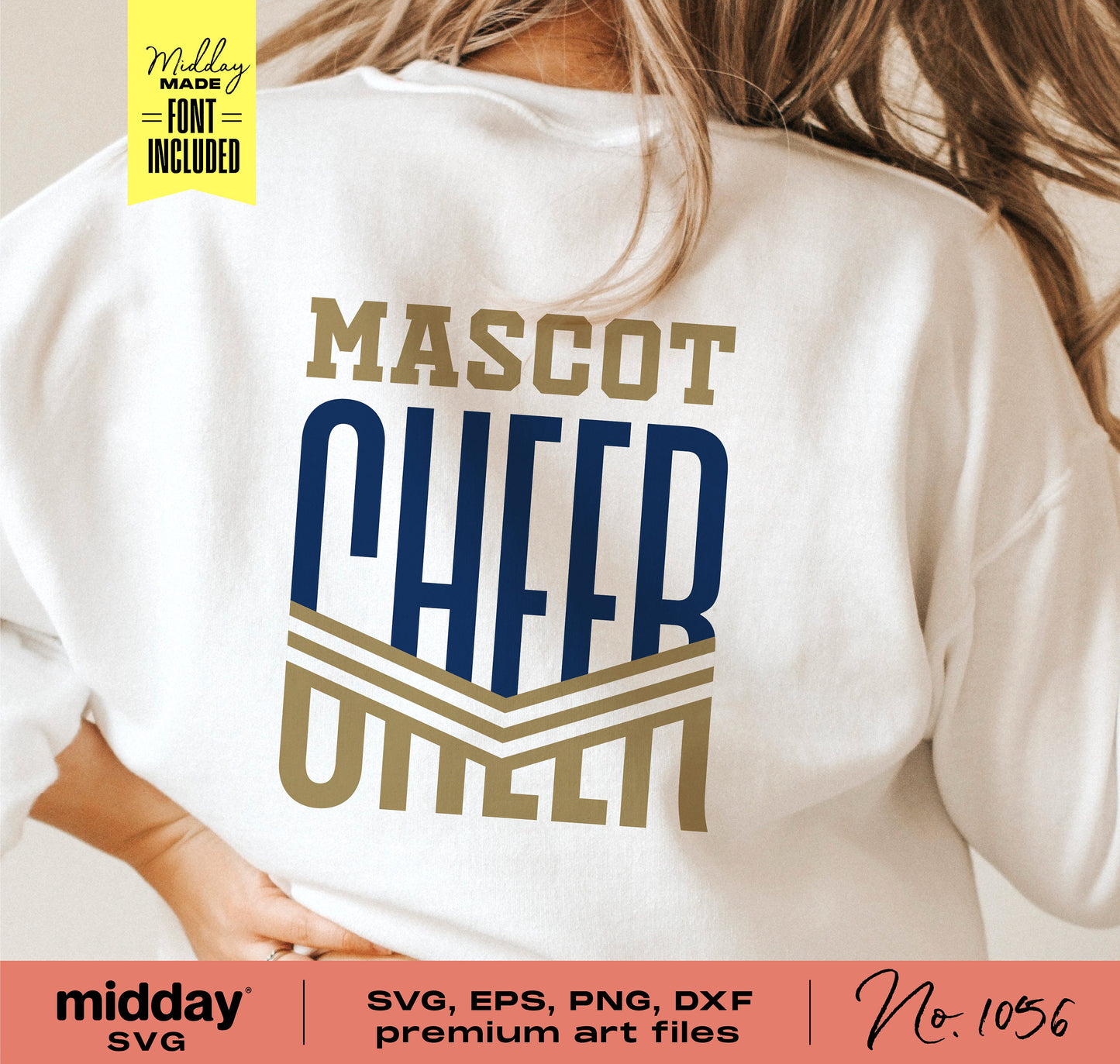 Cheer team shirt with 'Mascot Cheer' design, available in SVG, EPS, PNG, DXF formats, ideal for Cricut and cheer mom projects.