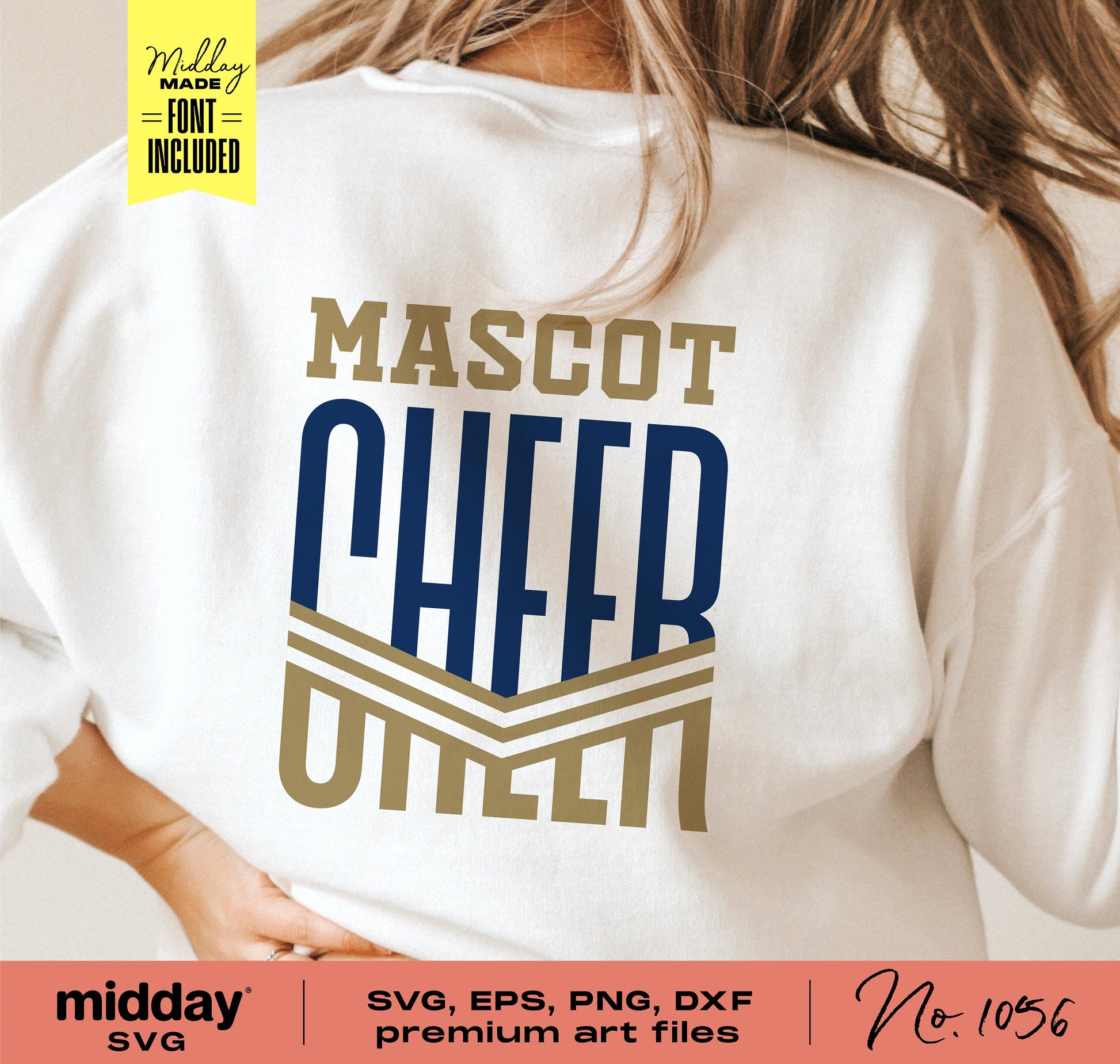 Cheer team shirt with 'Mascot Cheer' design, available in SVG, EPS, PNG, DXF formats, ideal for Cricut and cheer mom projects.