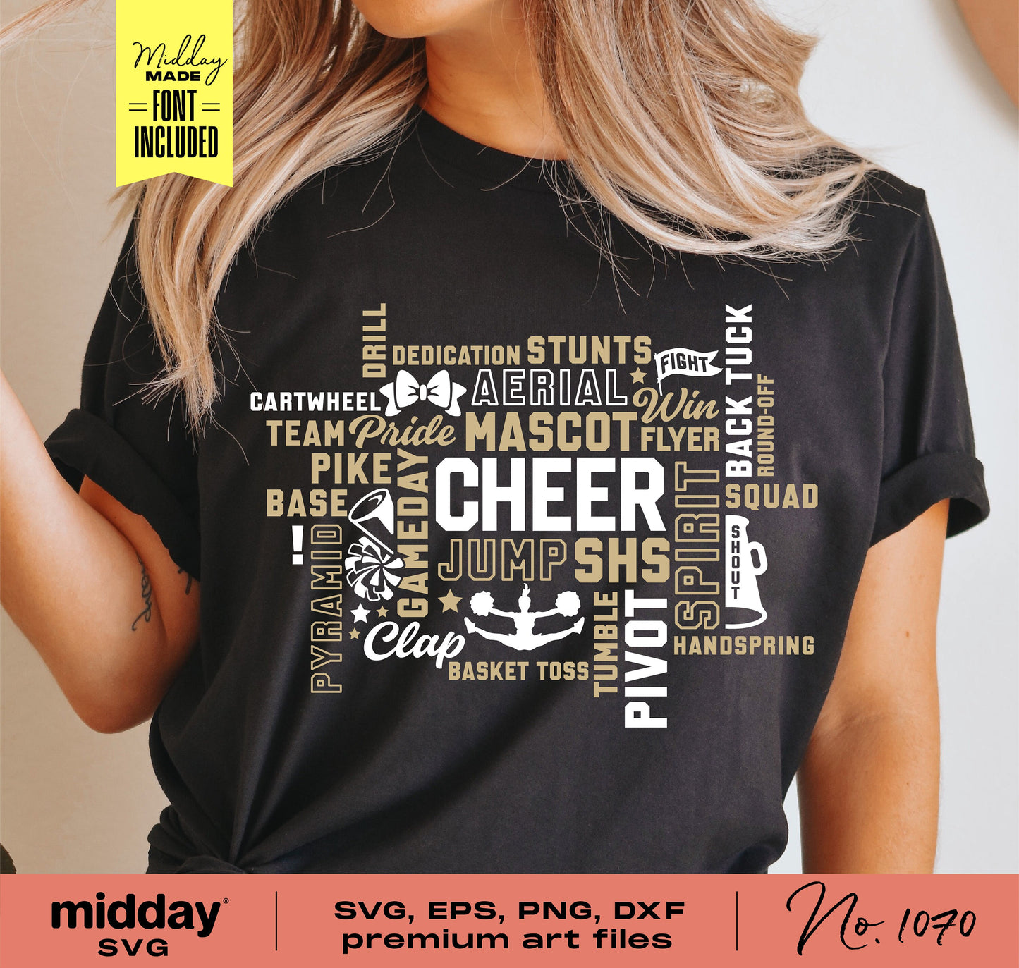 Woman wearing black cheer team shirt with word art design showcasing various cheerleading terms. Includes SVG, EPS, PNG, DXF files available.