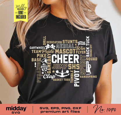 Woman wearing black cheer team shirt with word art design showcasing various cheerleading terms. Includes SVG, EPS, PNG, DXF files available.