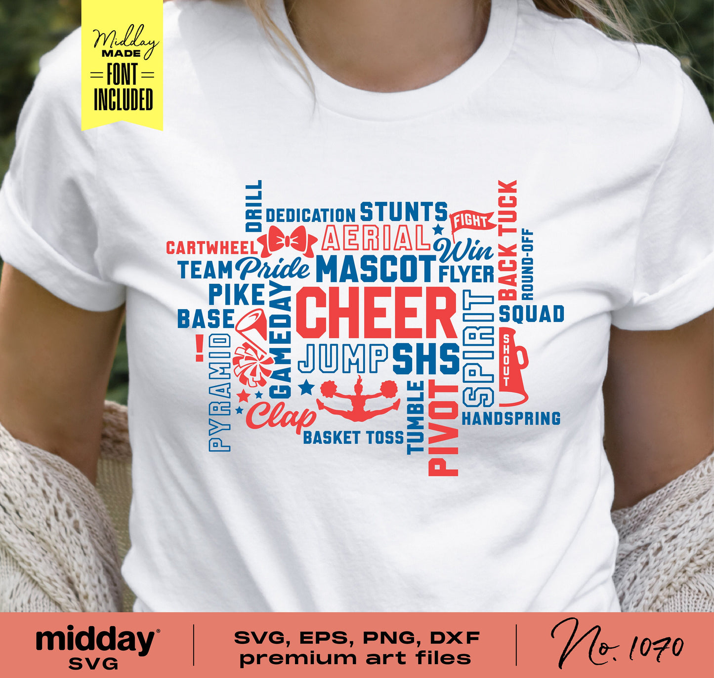 White t-shirt with cheer team word art design in red and blue featuring words like cheer, spirit, mascot, suitable for Cricut cut files.