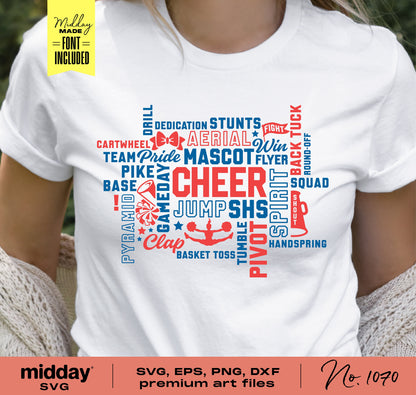 White t-shirt with cheer team word art design in red and blue featuring words like cheer, spirit, mascot, suitable for Cricut cut files.